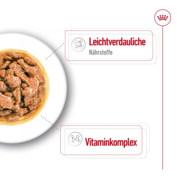 Eine Schüssel mit Haustierfutter, die Stücke von Fleisch in Soße zeigt, mit Text, der "Leichtverdauliche Nährstoffe" und "Vitamincomplex" hervorhebt.