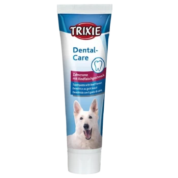 Trixie Dental-Care Zahnpastatube für Hunde, mit einem weißen Hund mit offenem Mund, beschriftet mit "Zahnpasta mit Rindfleischgeschmack."