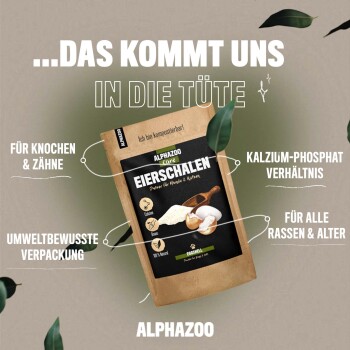 ALPHAZOO Eierschalenverpackung für Hunde und Katzen, die die Knochengesundheit, Umweltfreundlichkeit und das Verhältnis von Calcium zu Phosphat betont.