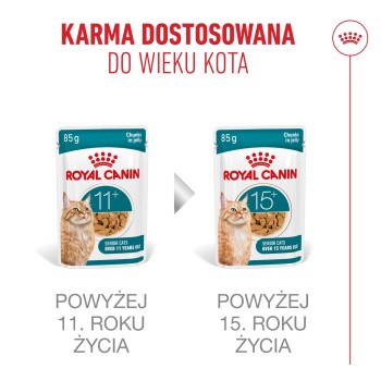 Saszetki karmy Royal Canin dla starszych kotów, 11+ i 15+ lat, 85g kawałków w galarecie, tekst polski.