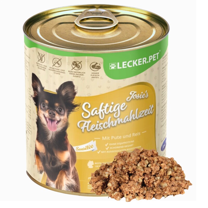Lyra Pet Lecker.Pet Josie's Saftige Fleischmahlzeit Sensitiv mit Pute & Reis Hundefutter Nassfutter 4,8 kg
