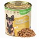 Eine Dose Hundefutter mit der Aufschrift "Josie's Saftige Fleischmahlzeit" mit einem glücklichen Chihuahua, mit Truthahn und Reis, sojafrei und schonend gekocht.