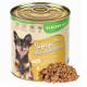 Eine Dose Hundefutter mit der Aufschrift "Josie's Saftige Fleischmahlzeit" mit einem glücklichen Chihuahua, mit Truthahn und Reis, sojafrei und schonend gekocht.
