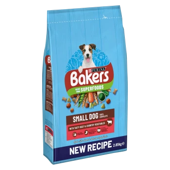 Bakers dog food bag featuring a smiling dog, labeled "Small Dog 100% Complete" with "New Recipe" and "Recipe using Superfoods."