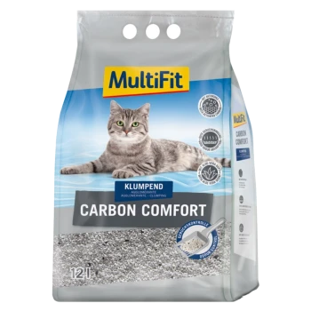 Eine Tüte MultiFit Carbon Comfort Katzenstreu mit einer grauen Katze auf der Vorderseite, beschriftet mit 'KLUMPEND' und 'CARBON COMFORT', mit 12L Kapazität.