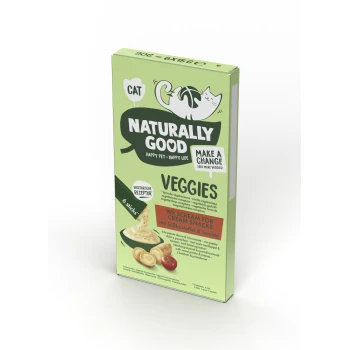 Verpackung für Katzenleckerlis, beschriftet mit 'Natürlich gut', mit der Geschmacksrichtung 'Gemüse', Illustrationen einer Katze und Snacks sowie Text, der das vegetarische Rezept bewirbt.