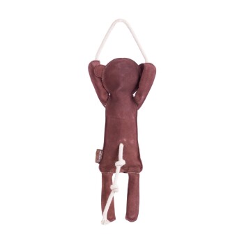 Ein braunes Plüsch-Hundespielzeug in Form eines Affen mit einem Seilgriff und geknoteten Enden, entworfen zum Ziehen und Kauen.