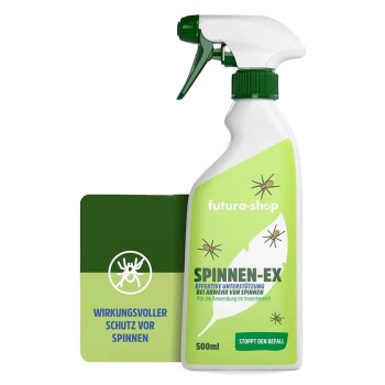Eine Sprühflasche mit der Aufschrift "SPINNEN-EX" zur Spinnenbekämpfung, mit einem grünen Design, 500 ml Kapazität und einer Bewertung von 1,1 "SEHR GUT."