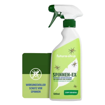 Eine Sprühflasche mit der Aufschrift "SPINNEN-EX" zur Spinnenbekämpfung, mit einem grünen Design, 500 ml Kapazität und einer Bewertung von 1,1 "SEHR GUT."