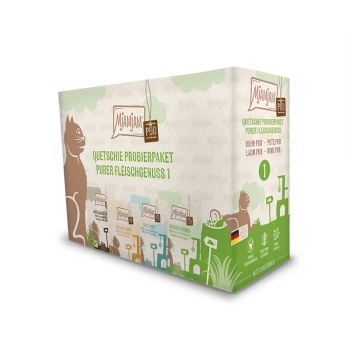 Katzenförmige Verpackung für Mjammjam's 'Quetschie Probierpaket Purer Fleischgenuss 1', mit den Geschmacksrichtungen: Huhn pur, Pute pur, Lamm pur, Rind pur.