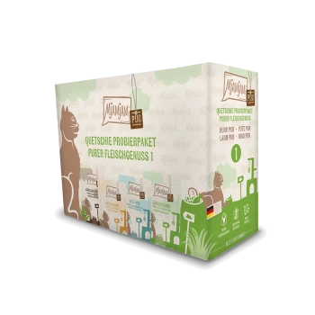 Katzenförmige Verpackung für Mjammjam's 'Quetschie Probierpaket Purer Fleischgenuss 1', mit den Geschmacksrichtungen: Huhn pur, Pute pur, Lamm pur, Rind pur.
