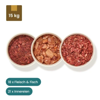 Bild von Tierfutter: drei vakuumverpackte Fleischpakete und drei Schalen mit rohem Futter, beschriftet mit "17x Fleisch," "21x Innereien," und "1x Fisch."