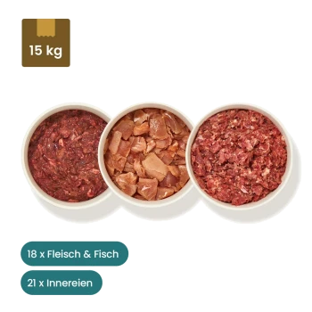Bild von Tierfutter: drei vakuumverpackte Fleischpakete und drei Schalen mit rohem Futter, beschriftet mit "17x Fleisch," "21x Innereien," und "1x Fisch."