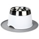 Stainless steel pet food bowl with a white base and gray silicone mat, designed to prevent spills.