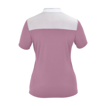 Rückansicht eines kurzärmeligen Poloshirts für Frauen in Hellrosa mit einem weißen Netzoberteil.