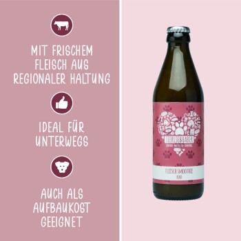 Eine PET-Flasche "Fleisch Smoothie" mit einem rosa Etikett, Pfotenabdrücken und Text: "Frisches Fleisch von lokalen Bauernhöfen," "Ideal für Reisen," "Auch zur Genesung."