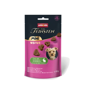 Animonda Vom Feinsten Mini Bites Hundesnack-Beutel – Pute mit Kaninchen + Heidelbeere, pink/schwarze Packung mit Hundefoto, 50 g