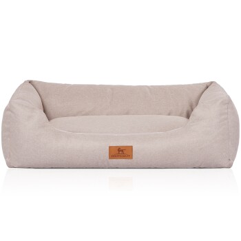 Hundebett Emma aus Velours mit feinem Handwebcharakter in Pastellfarben beige M-L