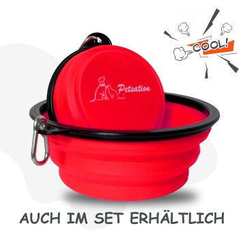 Rote zusammenklappbare Haustierschüssel mit schwarzem Rand, mit dem Logo "Petsation" und dem Text "AUCH IM SET ERHÄLTLICH".
