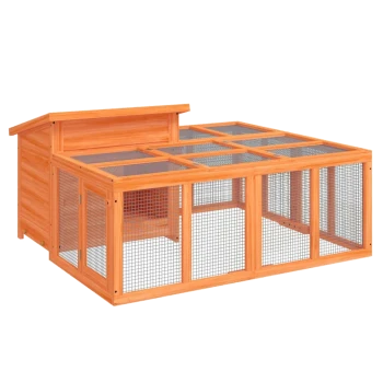 Holz-Haustiergehege für den Außenbereich mit schrägem Dach und Netzpaneelen zur Belüftung, entworfen für kleine Tiere.