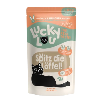 Tüte mit Lucky Lou Katzenfutter, das Geflügel und Kaninchen mit Apfel enthält, beschriftet mit "Getreidefrei" und "Ohne Zuckerzusatz", mit einer Illustration einer schwarzen Katze.