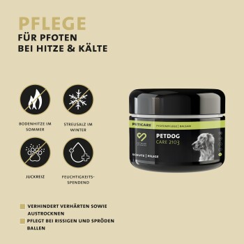 PetDog Care 2103 Pfotenbalsam in einem schwarzen Glas, beschriftet für Wärme- und Kälteschutz, mit Symbolen für Sommer- und Wintergebrauch.