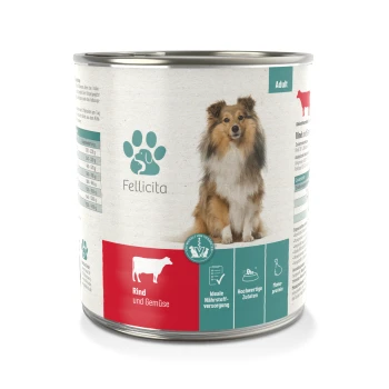 Dosenfutter für Hunde "Fellicita" mit einem Shetland Sheepdog, beschriftet "Rind und Gemüse" und ernährungsphysiologischen Vorteilen.