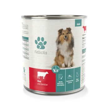 Dosenfutter für Hunde "Fellicita" mit einem Shetland Sheepdog, beschriftet "Rind und Gemüse" und ernährungsphysiologischen Vorteilen.