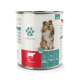 Dosenfutter für Hunde "Fellicita" mit einem Shetland Sheepdog, beschriftet "Rind und Gemüse" und ernährungsphysiologischen Vorteilen.