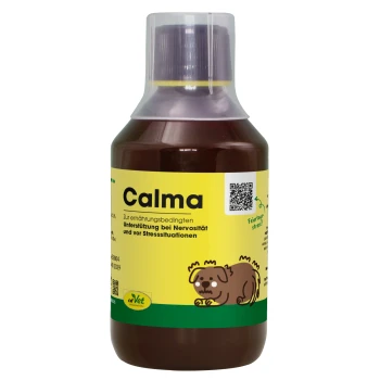Braune Flasche von cdVet Calma, einem natürlichen Gesundheitsprodukt für Haustiere, mit einem gelben Etikett, das den Text "Calma" und "100% Natur" zeigt.