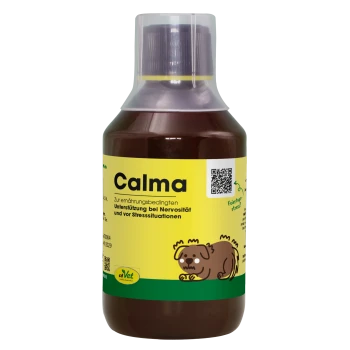 Braune Flasche von cdVet Calma, einem natürlichen Gesundheitsprodukt für Haustiere, mit einem gelben Etikett, das den Text "Calma" und "100% Natur" zeigt.