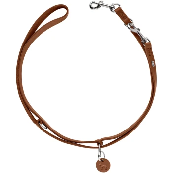 Braune Lederhundeleine mit geschlungener Handschlaufe, Metallkarabinern mit Drehgelenk und rundem Lederanhänger mit eingeprägtem Hund