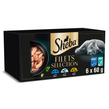 Sheba Filets Selection Katzenfutterbox, schwarze Verpackung mit grauer Katze, Bild eines Thunfischfilets, MSC/ASC-Logos, Text '6 x 60 g'.