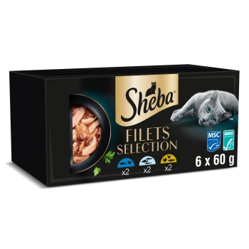 Sheba Filets Selection Katzenfutterbox, schwarze Verpackung mit grauer Katze, Bild eines Thunfischfilets, MSC/ASC-Logos, Text '6 x 60 g'.