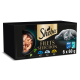 Sheba Filets Selection Katzenfutterbox, schwarze Verpackung mit grauer Katze, Bild eines Thunfischfilets, MSC/ASC-Logos, Text '6 x 60 g'.