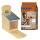 Futterhaus für Eichhörnchen aus Holz mit einem Metalldach neben einem 600g Sack "Premiere Gourmet Mix" für Eichhörnchen, mit einem Eichhörnchenbild.