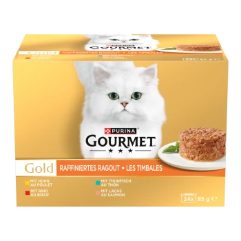 Eine Schachtel Purina Gourmet Gold Katzenfutter mit einer flauschigen weißen Katze auf der Vorderseite, mit Geschmacksrichtungen wie Huhn, Thunfisch, Rind und Lachs.