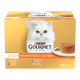 Eine Schachtel Purina Gourmet Gold Katzenfutter mit einer flauschigen weißen Katze auf der Vorderseite, mit Geschmacksrichtungen wie Huhn, Thunfisch, Rind und Lachs.