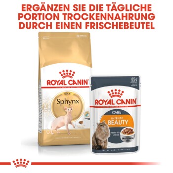 Royal Canin Tiernahrung Verpackung mit einem Sack Sphynx Trockenfutter für Katzen und einem Beutel Intense Beauty Nassfutter, mit Text zur Förderung der Mahlzeitenverbesserung.