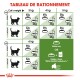 Guide d'alimentation pour les chats montrant les quantités recommandées de croquettes quotidiennes en fonction du poids (3-6 kg) et du statut idéal/surpoids, avec des options pour la nourriture humide.