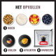 HET OPVULLEN-infographic: kommen met brokjes, yoghurt, gehakte appel en bosbessen; stappen 1 MIXEN, 2 VULLEN, 3 AFSLUITEN, 4 INVRIEZEN met een zwart KONG-speeltje.