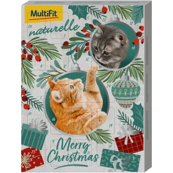 Advent calendar for cats featuring an orange cat and a gray cat, decorated with Christmas elements and the text "Merry Christmas."