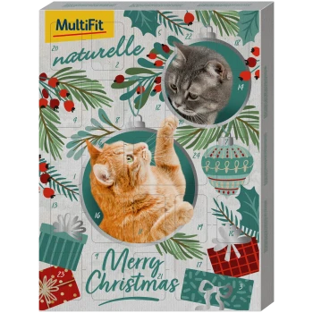 Adventskalender für Katzen mit einer orangefarbenen Katze und einer grauen Katze, dekoriert mit Weihnachtselementen und dem Text "Frohe Weihnachten."