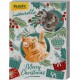 Adventskalender für Katzen mit einer orangefarbenen Katze und einer grauen Katze, dekoriert mit Weihnachtselementen und dem Text "Frohe Weihnachten."