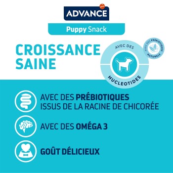 Emballage de friandises pour chiots Advance mettant en avant le texte "Croissance Saine," soulignant les prébiotiques, les oméga 3 et un goût délicieux.