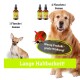 Chihuahua und Golden Retriever mit Haustierpflege-Sprühflaschen. Text: "Lange Haltbarkeit!" und "Wenig Produkt - große Wirkung!" durchgestrichener Haken.