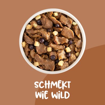 Brauner Hintergrund mit dem Text "Schmeckt wie wild", der hochwertiges, glutenfreies Haustierfutter für Haut, Fell, Zähne und Knochen bewirbt.