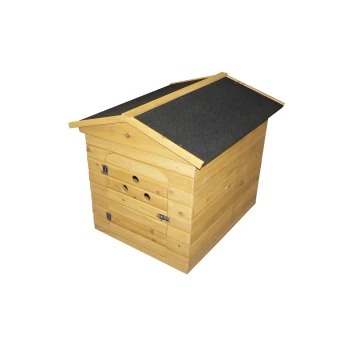 Wooden pet house with a slanted roof, featuring ventilation holes and a secure door, ideal for outdoor use.