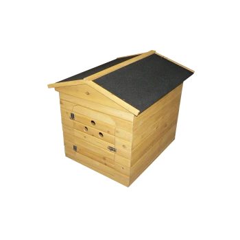 Wooden pet house with a slanted roof, featuring ventilation holes and a secure door, ideal for outdoor use.
