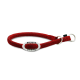 Rotes geflochtenes Haustierhalsband mit Metallring und Anhänger mit der Aufschrift "WOLTERS CAT & DOG" auf weißem Hintergrund.